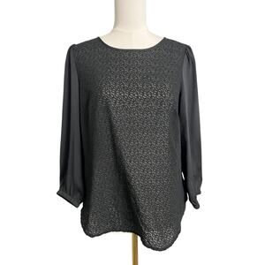 LOFT Blouse Womens Small Black Embroidered Long Sleeve Chiffon Keyhole Top